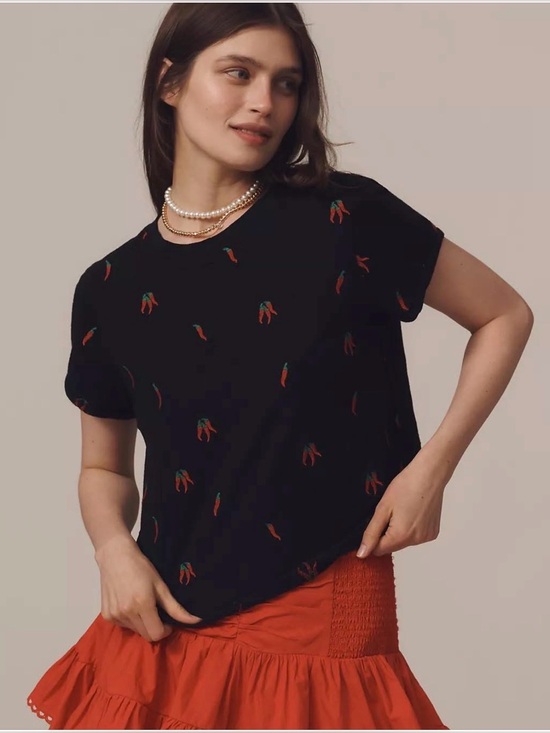 Maeve Tops - Anthropologie the Caitlin Boxy Tee by Maeve: Embroidered Red Chili Peppers M